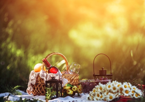 A picnic scene with wine, fruit, and flowers.
