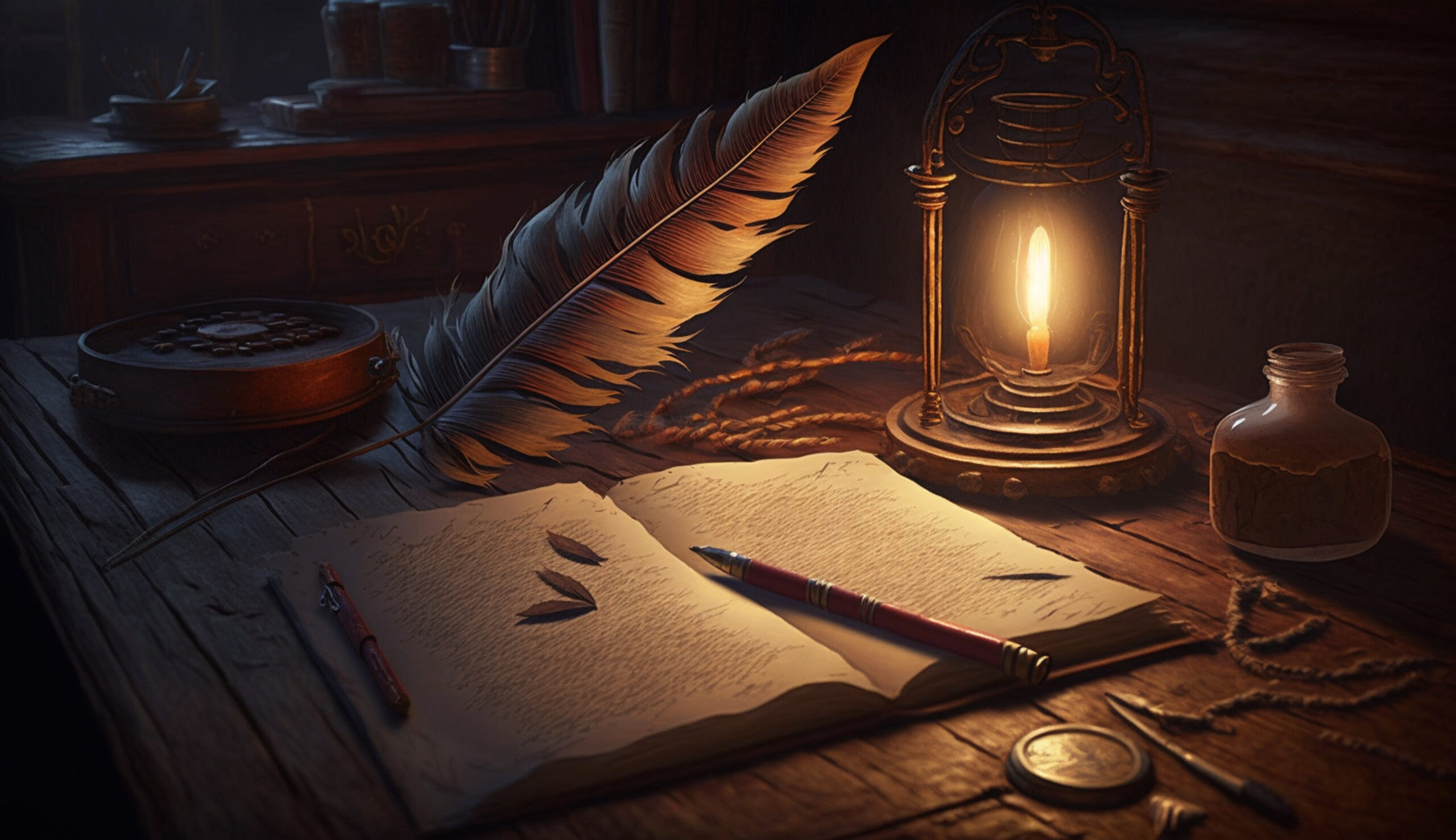 A lantern and writing instruments, both old and new.